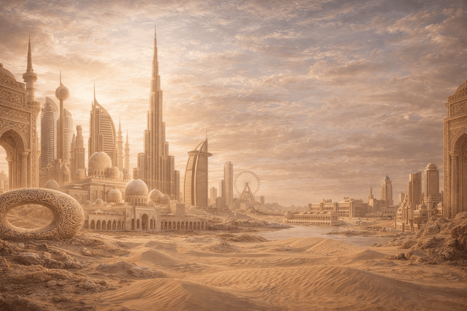 مدينة صحراوية مستقبلية تضم ناطحات سحاب ذهبية وكثباناً رملية وعمارة إسلامية تحت سماء ضبابية.